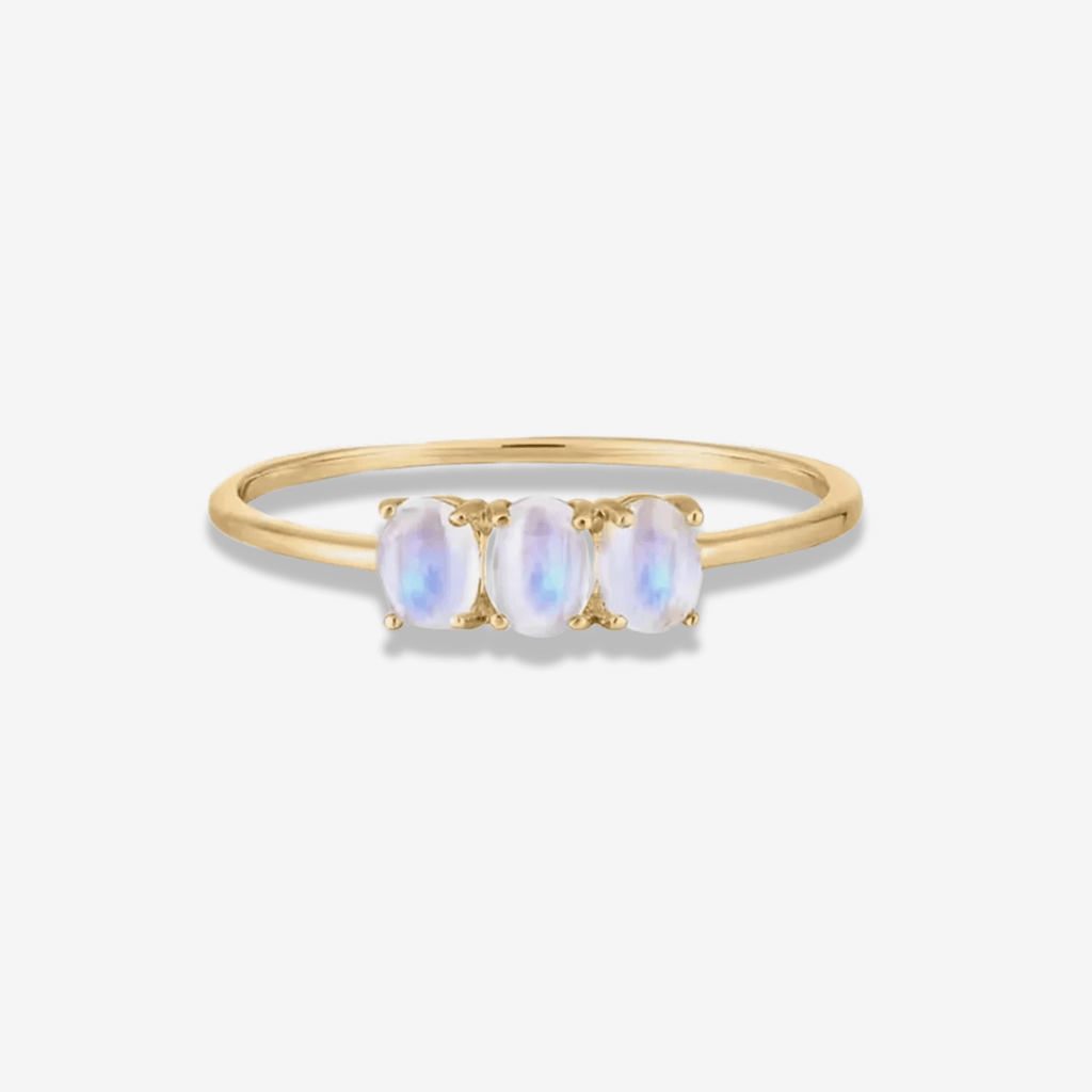 14k solid gold moonstone trio ring with three genuine rainbow moonstones in oval row