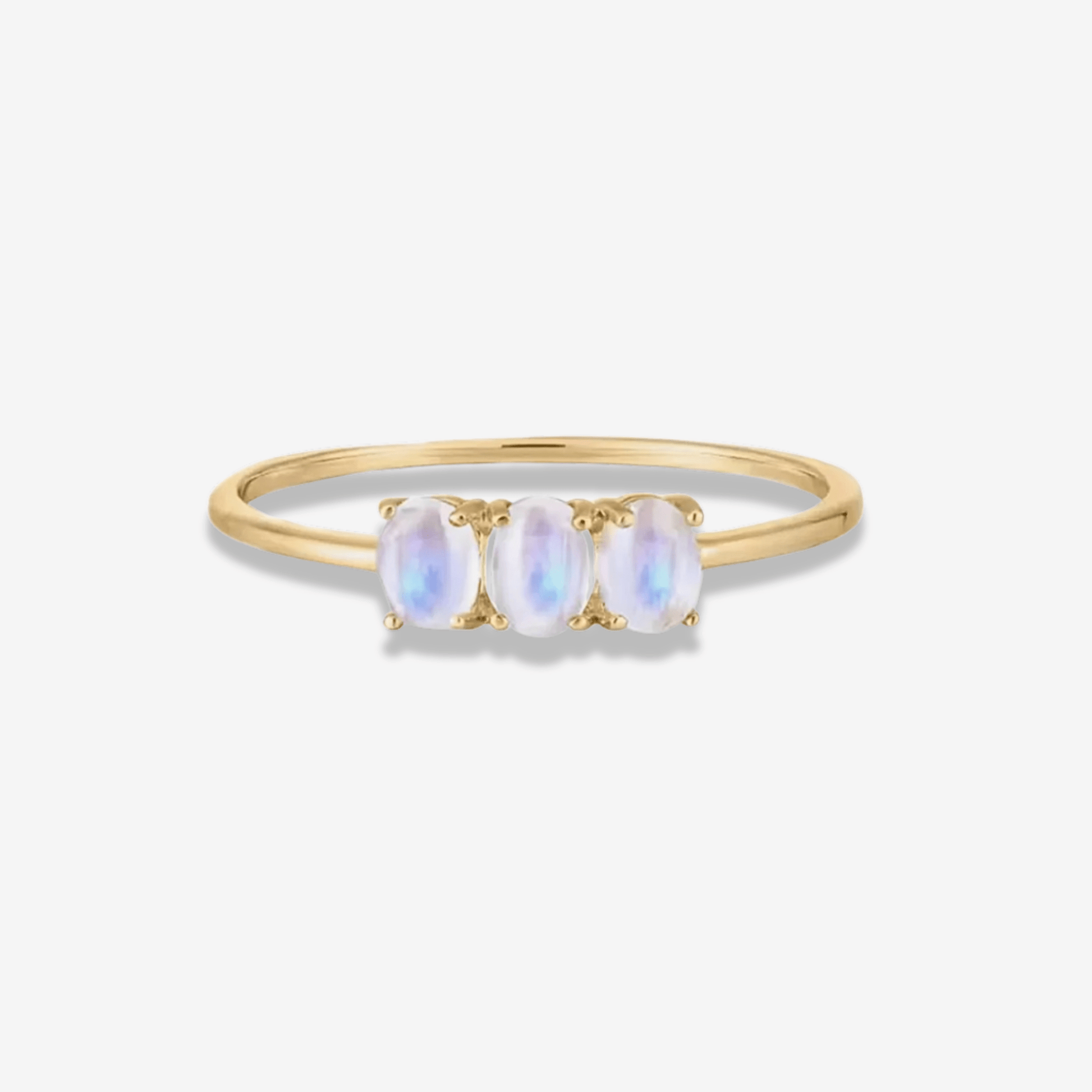 14k solid gold moonstone trio ring with three genuine rainbow moonstones in oval row