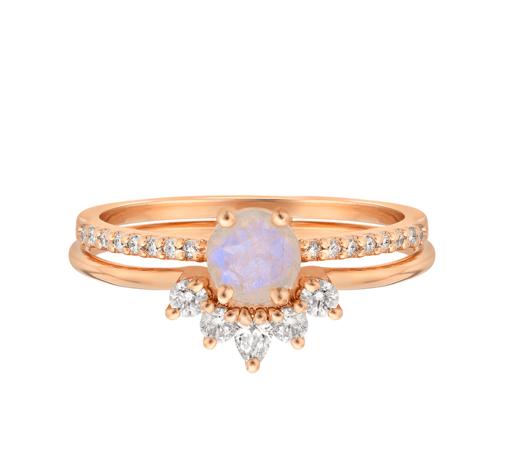 Rose Gold Rainbow Moonstone Ring Set - xohanalei