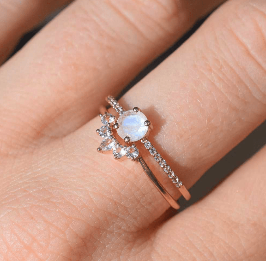 Rose Gold Rainbow Moonstone Ring Set - xohanalei