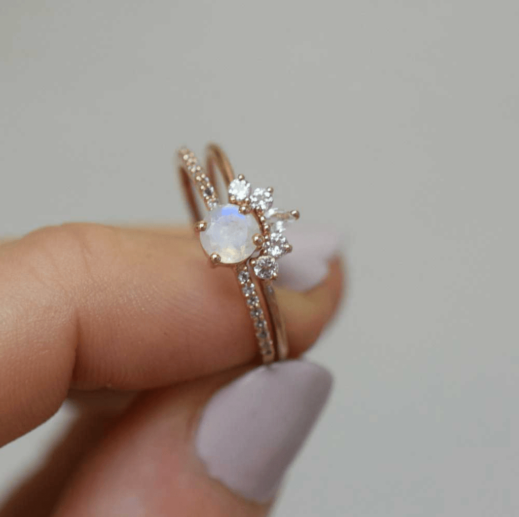 Rose Gold Rainbow Moonstone Ring Set - xohanalei