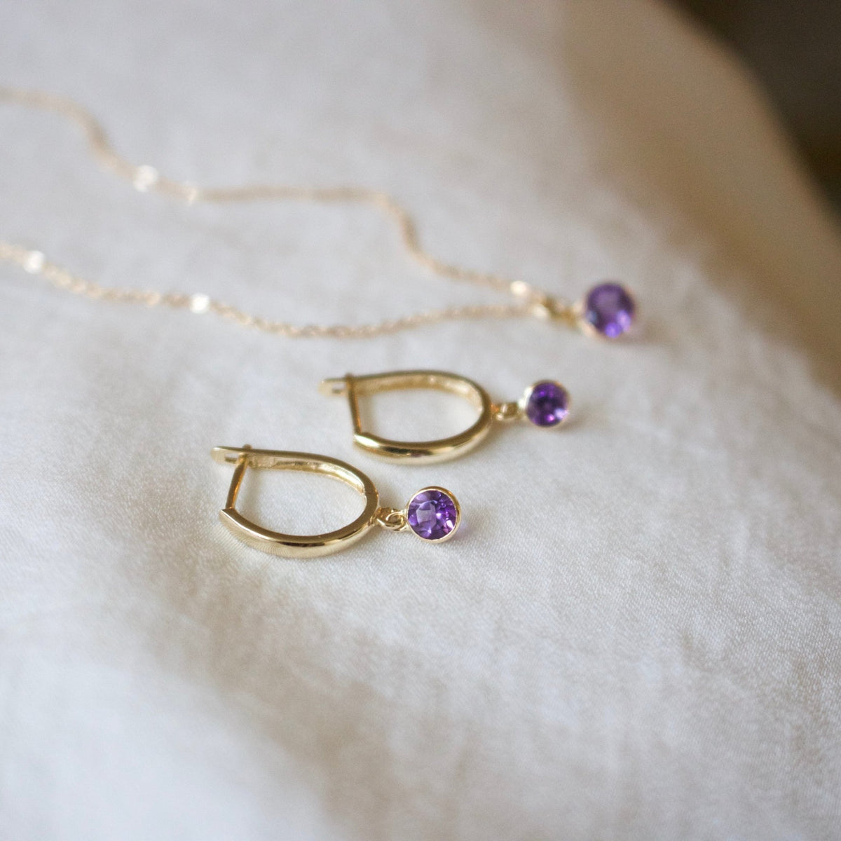 14k Gold Amethyst Huggie Earrings - xohanalei