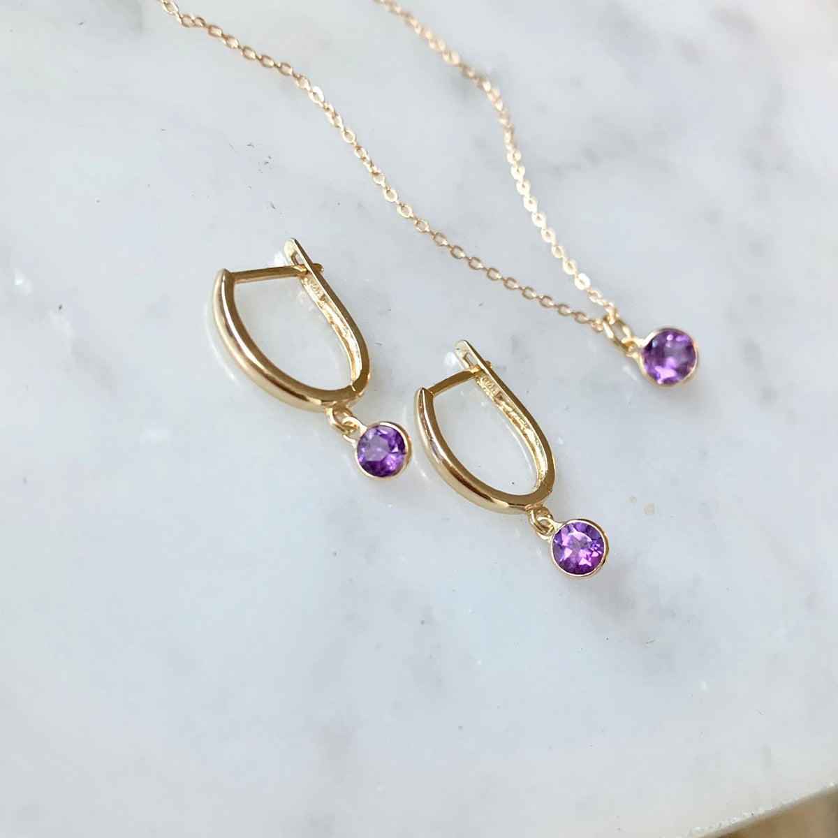 14k Gold Amethyst Huggie Earrings - xohanalei