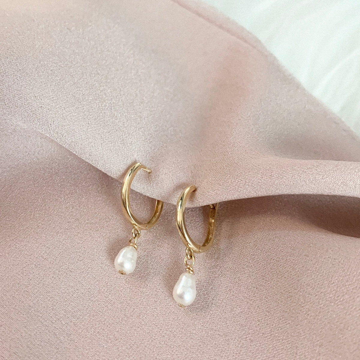 14k Solid Gold Pearl Huggies - xohanalei