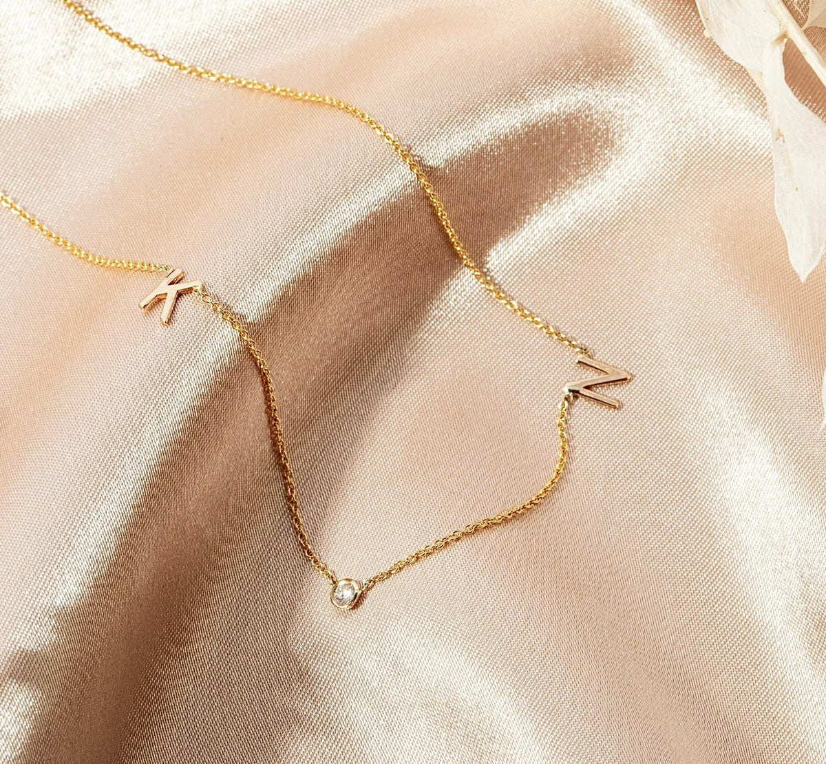 14k Custom Birthstone Initial Necklace - xohanalei
